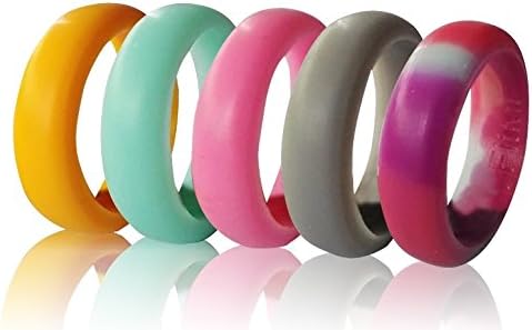 FitMe Silicone Wedding Rings for Women Premium Quality Silicone Wedding Band, 5 Pack - Rubber Wedding Bands – Pink, Teal Turquoise, Special Camo, Orange, Gray