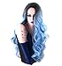 Royalvirgin Nature Color Dark Root Ombre Pastel Blue Heat Resistant Fiber Hair Long Nature Wave Light Blue Synthetic Full Wigs