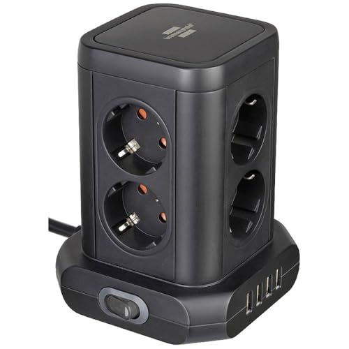 Brennenstuhl Steckdosenturm 8-Fach mit USB (Steckdosenblock 8-Fach mit 4X USB, Steckdosen in 45°-Anordnung, 2m Kabel) schwarz