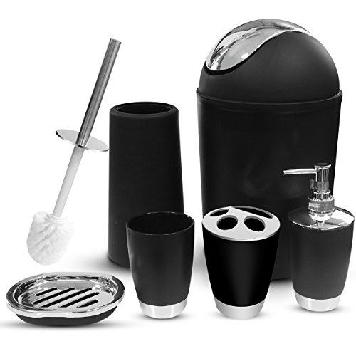 TEKITSFUN Black Bathroom Accessories Set,6 Pcs Plastic Gift Bath Accessory Set Luxury Ensemble Includes Toothbrush Holder,Toothbrush Cup,Soap Dispenser,Soap Dish,Toilet Brush Holder,Trash Can - Thumbnail 6