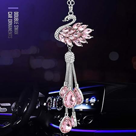 Amazon ケバケバダイヤモンドカーマスコットアクセサリークリスタル白鳥車のチャームリアビューミラーのためのアクセサリーインテリア女性の装飾 White ルームミラー用デコレーション 車 バイク