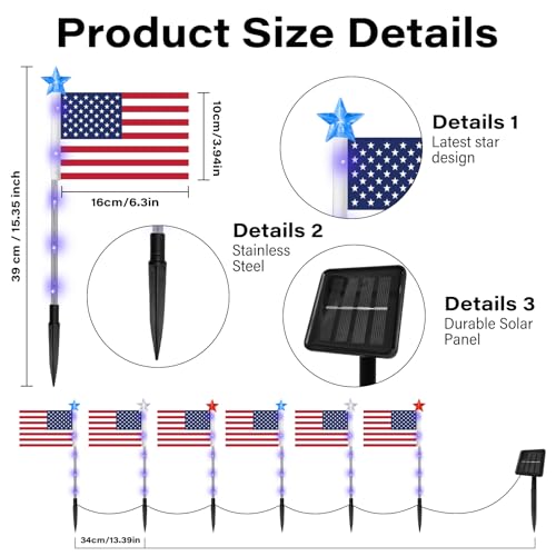 X-GiftKey 4th of July Decorations Outdoor American Flag Lights, 6-Pack Red White and Blue Solar Stars Lights with 6 USA Flags & 30LED,Bright Patriotic Pathway Lights for Memorial Day Yard Lawn Decor