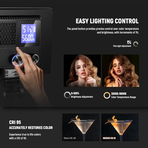 Neewer 9" LED Video Light Panel, Dimmable DSLR Camera Soft Lighting, 4000mAh Rechargeable Battery, USB Type C Ports, 3200K~5600K CRI95+ 600Lux for Photography Video Recording Live Streaming, NL-116AI