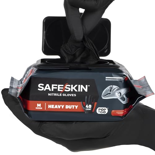 SAFESKIN Heavy Duty Nitrile Disposable Latex Free Gloves (40/160/1600 packs), Black Gloves for Food Prep, Cleaning, Mechanic