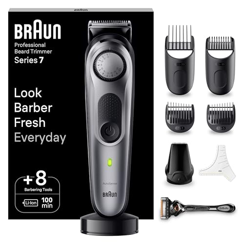 Braun Barttrimmer Herren Series 7, Bartschneider Herren mit 8 Zubehörteilen, Lebenslang Ultrascharfe Klinge, 100 Min. Akku, Kabelloser Bartrasierer, 40 Längen, Wasserdicht, BT7420, Grau