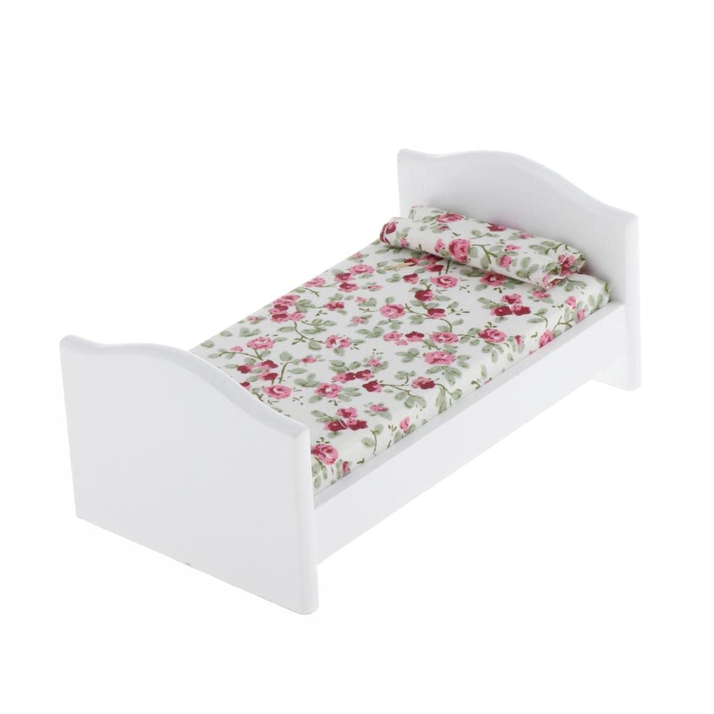 Colcolo 1/12 Scale Single White Wooden Bed Dollhouse Bedroom Furniture Accessories, Miniature Bedding Set, Doll Party Supplies