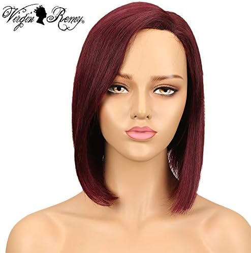 QVR Short Human Hair Wigs for Black Women 10 inch L Part Lace Front Wigs Brazilian Straight Hair Wigs 130% Full lace Wigs Red Wine Bouncy 99J