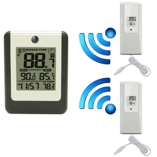 Ambient Weather WS-15-X2 Wireless 8-Channel Thermometer with Plastic Probe Thermometer with Two Remote Sensors
