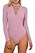 Mulisky Women Choker V Neck Lace Up Long Sleeve Ribbed Kintted Bodysuit Pink S