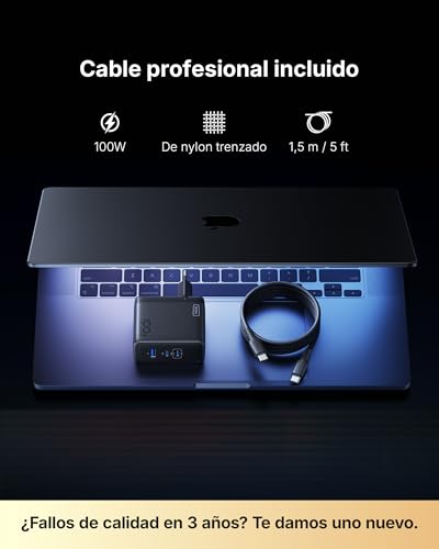 Cargador USB C GaN 100W, 3-Puertos Cargador Rápido Compacto con Cable USB C de 100W 1.5m, Cargador de Viaje para Portátil MacBook Pro Air 14, iPhone 17 16 Pro Max iPad Samsung S26 S25 Ultra Pixel