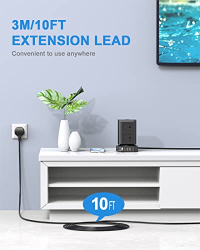 Tower Extension Lead with USB Slots, 10FT Extension Cords, Surge Protected Extension Lead with 8 AC Outlets & 4 USB Ports, USB Extension lead for Home, Office, Kitchen, Black, 3250W 13A
