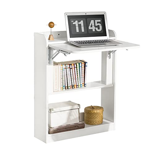 Klappbarer Schreibtisch Computertisch mit Ablagen Kleiner Schreibtisch Arbeitstisch Bürotisch Klapptisch für Homeoffice Wandtisch Laptoptisch Weiß 64x82x58cm FWT92-W