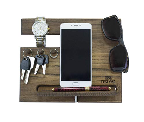 Wood Phone Docking Station Ash Chocolate Hooks Key Holder Wallet Stand Watch Organizer Men Gift Husband Wife Anniversary Dad Birthday Nightstand Purse Tablet Father Graduation Male Travel Idea Gadgets - Thumbnail 2