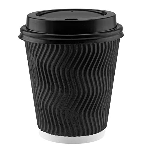 NYHI Set of 100 Black Disposable Paper Cups with Black Lids and Straws (10-oz) | Ripple Insulated Kraft for Hot Drinks - Tea & Coffee | Triple Layer Design | Eco- Friendly, Recyclable, Durable Paper