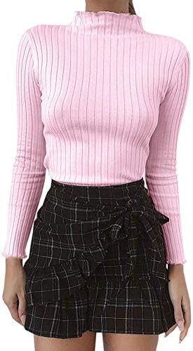 Bowanadacles Women Long Sleeve Ribbed Turtleneck Plain Basic Slim Tops tee Shirt Knit Mock Pullover Sweater Casual