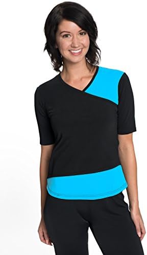 HydroChic Women’s Modest Short Sleeve Swim Shirt – Sun Protection Rash Guard UPF 50 - Black/Sea Blue, Large