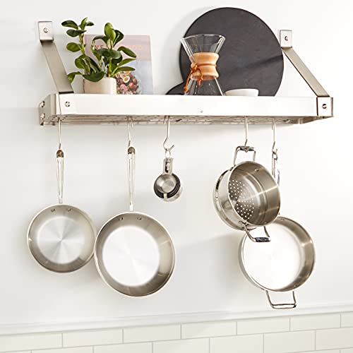 Old Dutch WallMount Bookshelf Pot Rack with Grid & 12 Hooks,Satin