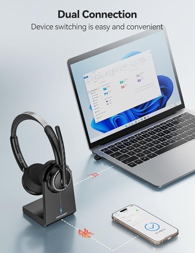TECKNET Wireless Headset, Bluetooth Headset with AI Noise Cancelling Microphone, USB Dongle &Charging Dock Included,Headsets with Microphone Suitable for Phones/Computers/Trucker/Call Center