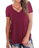 BOBOSMXL Women's Criss Cross Top Plus Size Burgundy Tee Shirt Wine Red L