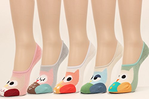 WOWFOOT Women Animal Design No-Show Casual Liner Socks Character Print Non Slip Flat Boat 4 Pair (5pair-owl) - Thumbnail 3