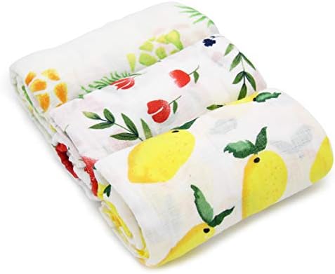 PEKITAS 3 Pack Extra Large 45 x 45 inch 100% Soft Cotton Muslin Baby Swaddle Blankets - Unisex (3 PCS - Fruits SeriesB)