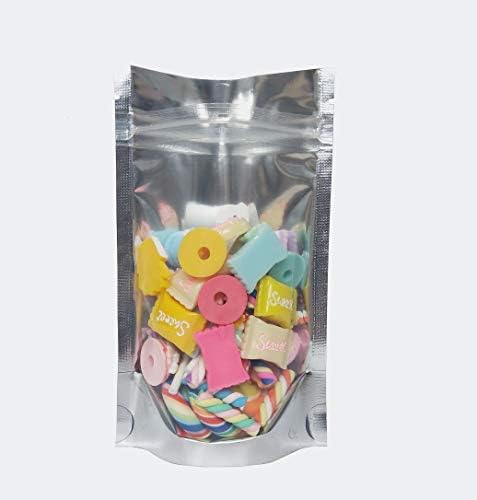Couga Mall 100 PCS Airtight Zipper Stand Up Pouch Bag, Reusable Packing Storage Package Bag with Clear Front Aluminum Foil Back for Storing Snacks, Beans, Seeds & Food (3.9"5.9")