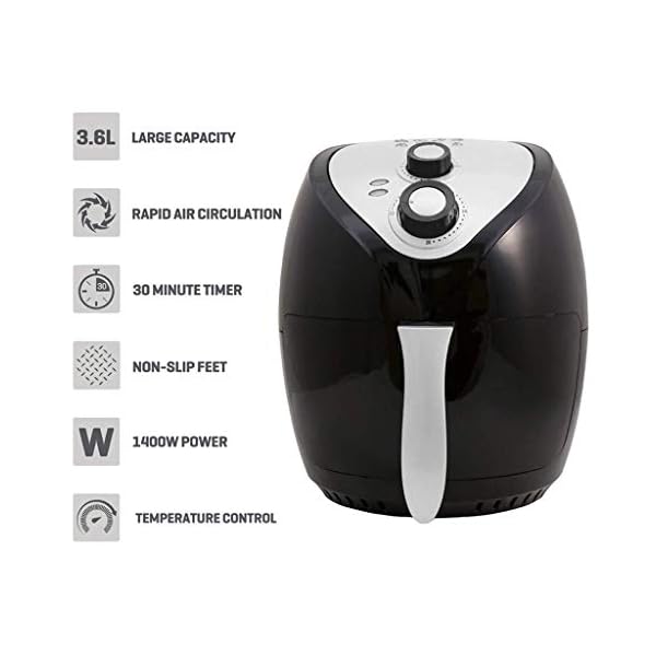 Daewoo-Healthy-Living-SDA1553-Family-36L-Oil-Free-1400W-Fast-Frying-Fryer-with-Rapid-Air-Flow-Circulation-Black-Silver Daewoo Manual Air Fryer 3.6 Litres, Bake Roast Grill With Timer And Temperature Controls, Black