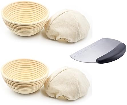 Dgtek 2 pcs 7 inch Round Banneton Brotform+ 1 Stainless Steel Dough Scraper Bread Proofing Basket Natural Rattan Cane Handmade & Linen Liner Cloth
