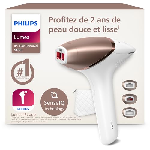 Philips Lumea série 9000, Épilateur à lumière pulsée, alternative à l'épilation laser, technologie SenseIQ, 3 accessoires pour corps, visage et zones de précision, usage avec ou sans fil, BRI955/00