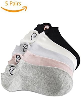 Lantina Women Short Cotton Sneakers Socks Non-slip Summer Dress Breathable Cute Low Cut Boat Liner Sock Girls Casual Soft Hiking Ankle for Canvas Shoes Cat Pattern, 5 Colors and 5 Pairs a Pack