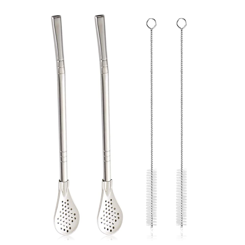 2Pcs Removable Stainless Steel Straw Filter Spoon with 2 Cleaning Brush, Yerba Mate Bombilla Straw, Reusable Metal Straw Spoon Cocktail Stirrer for Drinking Loose Tea, Ice Coffee, Silver