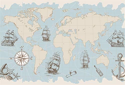 Lfeey 7x5フィート 世界地図 背景 航海テーマ 本土 海 古代船 コンパス ボート アンカー 写真 ビデオ スタジオ テレビ フィルム 制作 ファン ブース 小道具