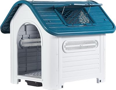 - Casa para cães média com teto de abrir ajustável e sanita. Uso interior e exterior com ventilação. Material resistente. 87x72x75cm. Azul e Branco.