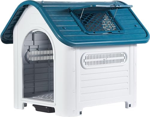 - Caseta para Perros Medianos con Techo Solar Ajustable y WC. Uso Interior y Exterior con respiraderos. Material Resistente. 87x72x75cm. Azul y Blanco.