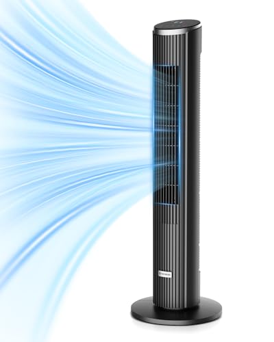 Ateroll Silent Tower Fan, Electric Cooling Fan, 90° Oscillating Bladeless Fan with Remote, 4 Speeds 3 Modes 12H Timer LED Display, Energy Efficient Standing Fan for Home Office, Black Fan