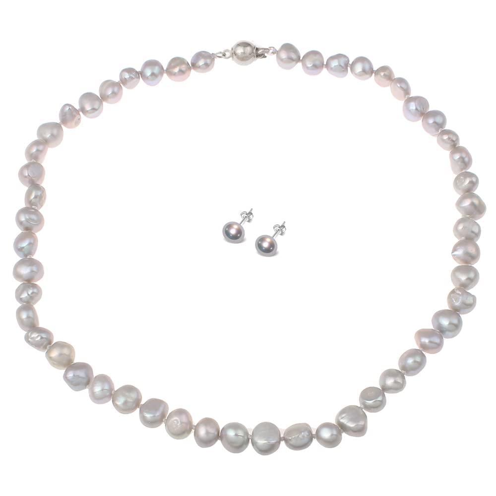 Treasure Bay Elegant Baroque Freshwater Pearl Necklace and Earrings Jewellery Set Grey Colour