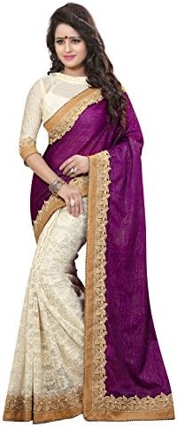 Odhni Women's Indian Bollywood Embroidered Purple Cream Velvet Cotton Saree