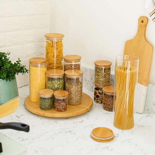 Conjunto de 11 Potes de Vidro Herméticos com Tampa de Bambu – Organizadores de Mantimentos para Cozinha – Recipientes para Grãos, Cereais, Café e Temperos – Potes de Vidro com Vedação de Silicone