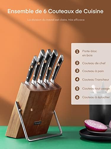 Couteaux de Cuisine, 6 Pièces Set Couteau Cuisine en Allemagne Acier Inoxydable, Ensemble de Couteaux Professionnels, Bloc de Bois, Super Aiguisé