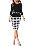 Viwenni Women's Houndstooth Belted Colorblock Tartan Wear to Work Casual Pencil Dress