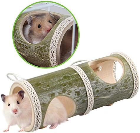 Gerbil Natural Bamboo Hollow Tunnels,Dwarf Hamster Wood Tubes Hideout,Rat Wooden Trunk,Small Animal Cage Chewing Toys for Mouse Mice Syrian Hamster