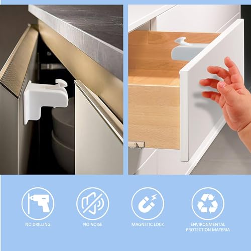 TERRIFI 12 PCS Baby Cabinet Safety Locks - Magnetic Child Proof Locks for Cabinets & Drawers, No Drill with 3M Adhesive - Includes 2 Keys, Easy Install for Secure Baby Proofing