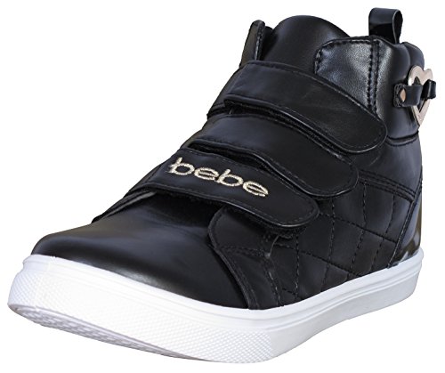 bebe Girls High Top Velcro Sneakers with Heart Logo, Black/Gold, Size 11/12