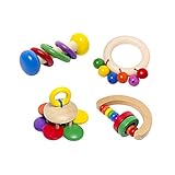 4 Pack Wooden Baby Rattle Musical Teething Grasping Toy - Activity Toy