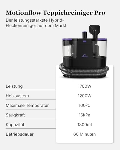 Motionflow PRO Carpet Cleaner with Steam Function - 1700 W Steam Brush, Upholstery Cleaner for Carpets, Upholstery Furniture and Car Seats and Much More, Wet Vacuum Cleaner with Self-Cleaning, Steam Cleaner for Everything
