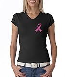 Breast Cancer Awareness Ladies Shirt - Pink Ribbon - Small Print Vee Tee - Black