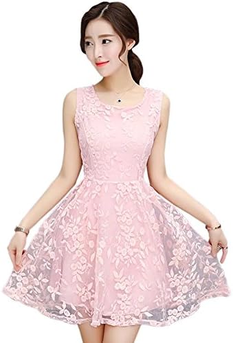Women's Sleeveless A Line Flare Floral Lace Bridesmaid Party Cocktail Dress Pink