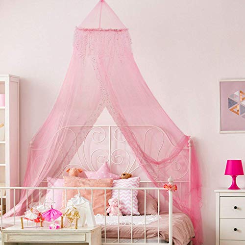 Princess Bed Canopy - Beautiful Silver Sequined Childrens Bed Canopy in Pink - Single Bed