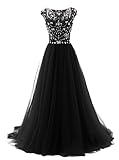 Tideclothes Long Beads Prom Dress Tulle Cap Sleeves Evening Dress