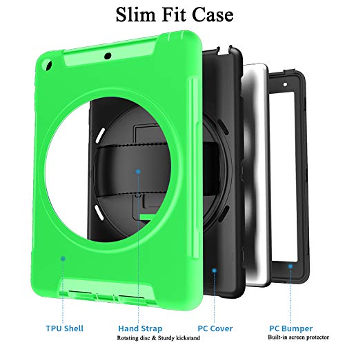Weuiean Compatible with iPad 6th/5th Generation 2018 2017 Case, Full-Body Shock Drop Proof Case with 360 Rotating Hand Strap Screen Protector Stand for iPad 6th/5th 9.7 A1893 A1954 A1822 A1823 - Green